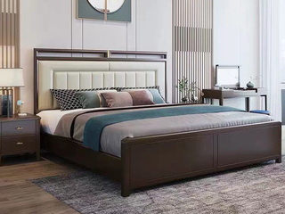  新中式 橡胶木檀艺 主卧 双人床 1.8*2.0米超纤皮床