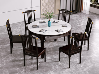  新中式风格 橡胶木亮光岩板 紫檀色 1.35米 家用圆形餐桌（折叠后宽度850mm）