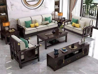   新中式  客厅 家用  高回弹海绵  棉麻布  沙发橡胶木实木脚  三人位