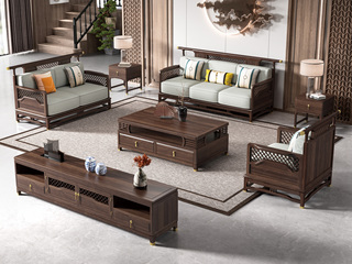  新中式风格 乌金木 网格镂空款（1+2+3）套装组合 沙发