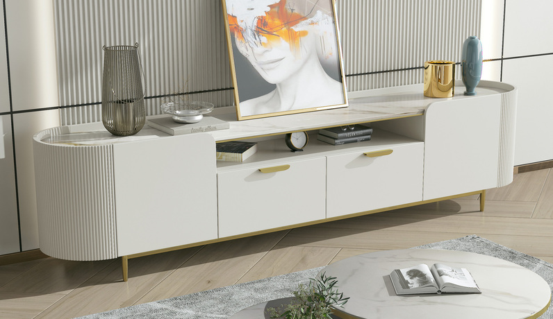 iLoven 意乐威 轻奢 亮光岩板台面 不锈钢镀金脚 电视柜