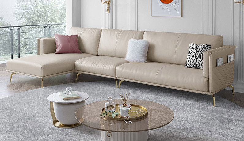 iLoven 意乐威 轻奢风格 仿真皮 全实木框架松木 鹅绒羽绒 奶咖色 1+3+右贵妃转角沙发（图片为真皮款，此配置为仿真皮）