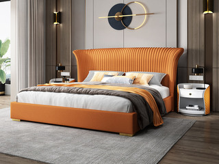  简美风格 全实木床边 布艺 舒适睡感 橙色 多功能储物实木高箱床 卧室 1.8*2.0米双人床（图片为排骨架床）
