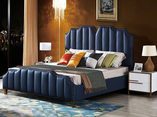  轻奢风格 头层黄牛皮 多功能储物实木高箱床 宝蓝色 1.5*2.0米真皮床（图片为排骨架床）