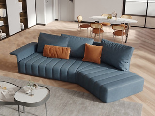  极简风格 设计师推荐款 网红沙发 高弹舒适 防水防污 健康环保 科技布 羽绒 实木框架 蓝色 左转角沙发
