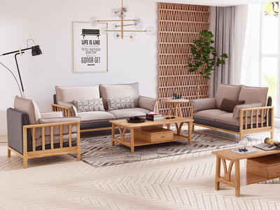  北欧风格 北美进口白蜡木 布艺沙发 原木色 三人沙发
