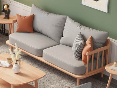 北欧风格 榉木坚固框架 优质实木 原木色三人位沙发