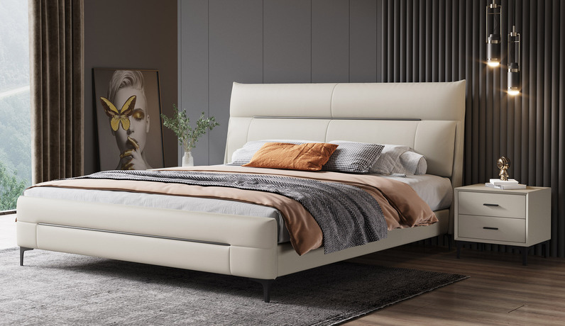 歌迪 极简风格 舒适软靠 高端皮艺+实木框架 米白色 1.8*2.0米 床（搭配10公分松木排骨架）