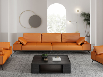 极简风格 高弹舒适  全真头层黄牛皮+实木框架+羽绒 双扶手四人位 沙发