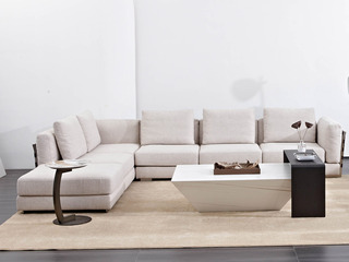  极简风格 舒适透气 优质布艺+优质马鞍皮+实木框架+羽绒 组合沙发 右转角+脚踏