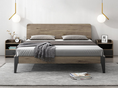  北欧风格 柚木色 实木免漆板框架+实木床脚+实木排骨架 1.2*2.0米床