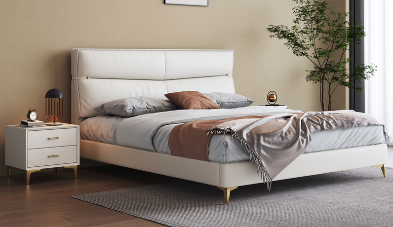歌迪 轻奢风格 优质皮艺软靠+实木排骨架  米白色 1.5*2.0米床（金色脚 搭配10公分松木排骨架）