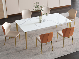  轻奢风格 不锈钢拉丝+雪山白哑光岩板 1.4米 餐桌