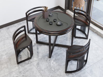  新中式 黑檀色乌金木 坚固耐磨 1张茶桌4张茶凳组合（不单卖）