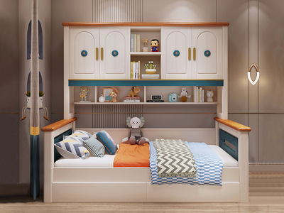  简美风格 实木 环保健康 蓝色 衣柜床 1.5*2.0m 儿童床（带书架）
